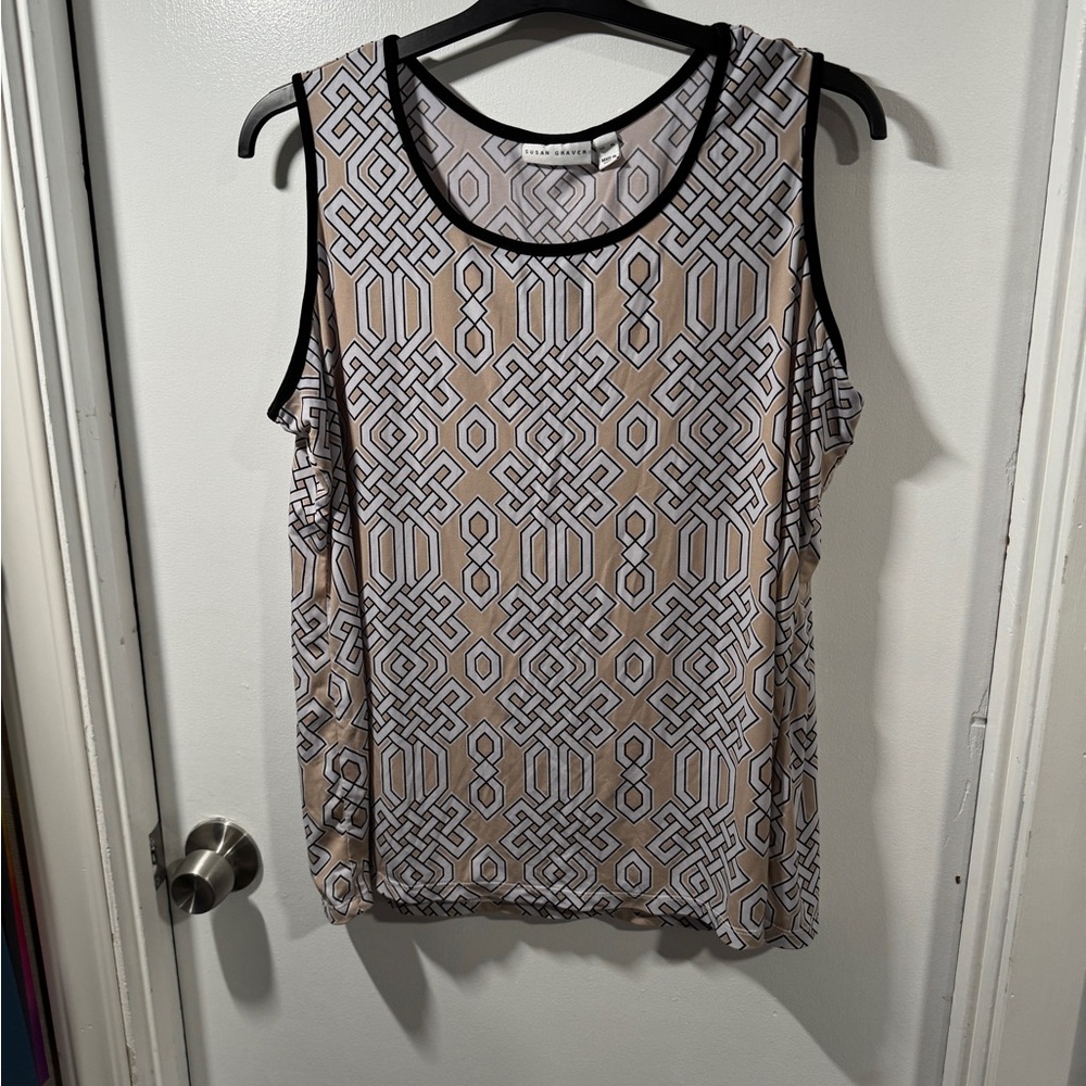 Susan Graver Beige Geometric Print Sleeveless Tank with Black Trim